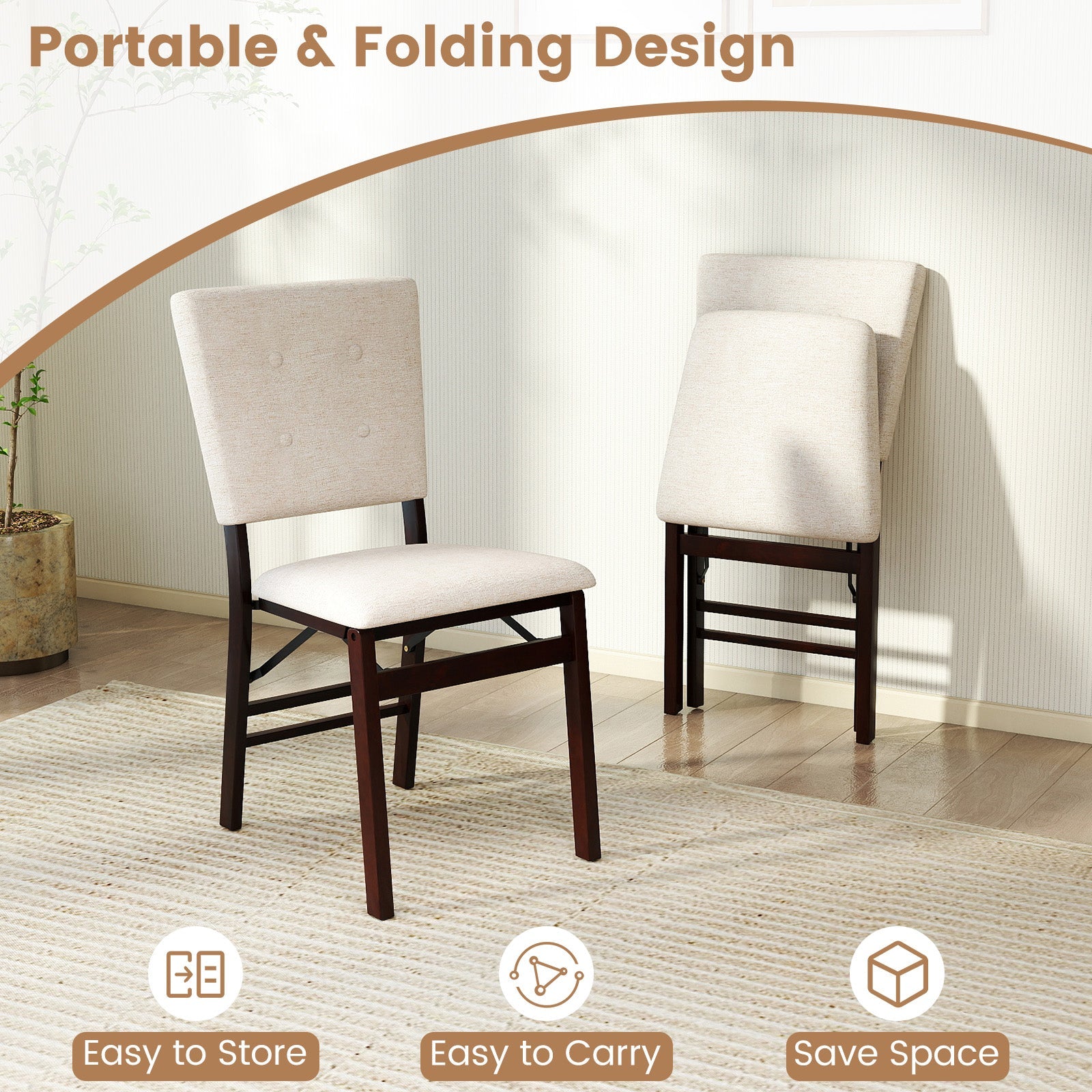 Foldable Dining Chair Set of 4 Armless Kitchen Chair with Padded Seat and Tilt Backrest - Tampa Home & Garden Store