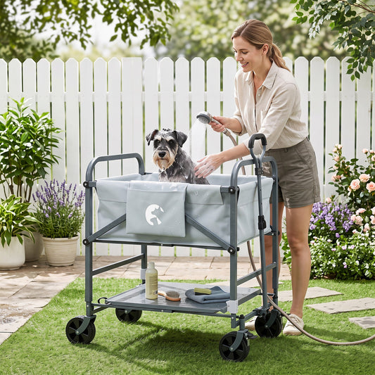Foldable dog bath cart with adjustable height, gray tub, four wheels on Tampa Home & Garden Store