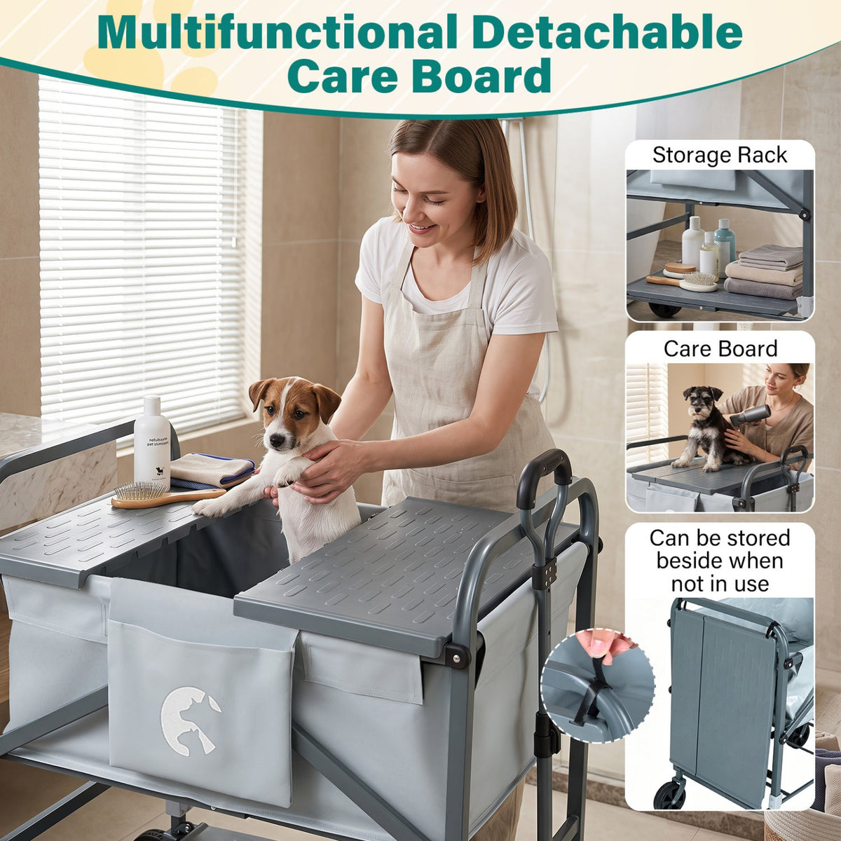 Foldable dog bath cart with adjustable height and 4 wheels, gray tub with storage pockets on Tampa Home & Garden Store