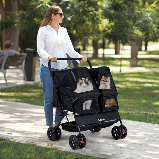 Foldable Double Pet Stroller with Adjustable Sunshade and Storage Basket - Tampa Home & Garden Store