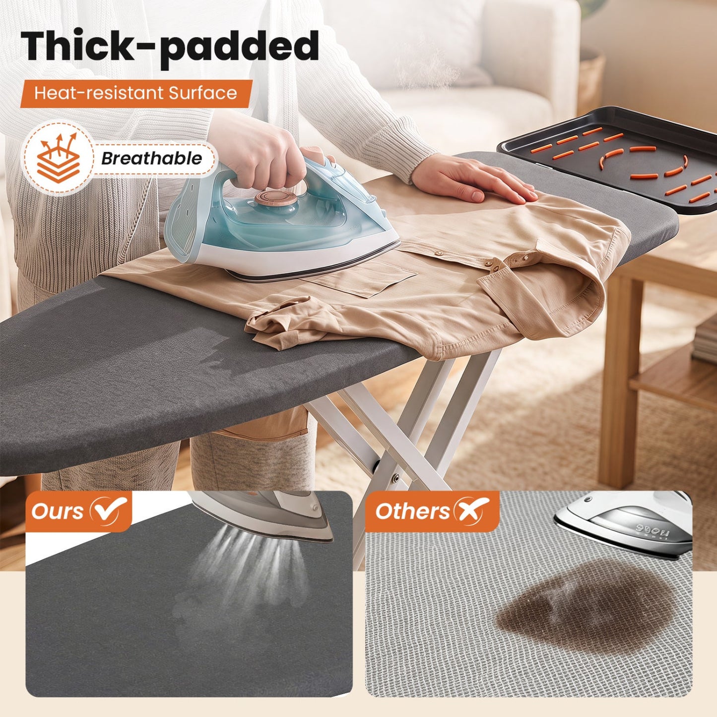 DirectDeals foldable ironing board with 7 height settings, dark gray cover, blue iron on Tampa Home & Garden Store