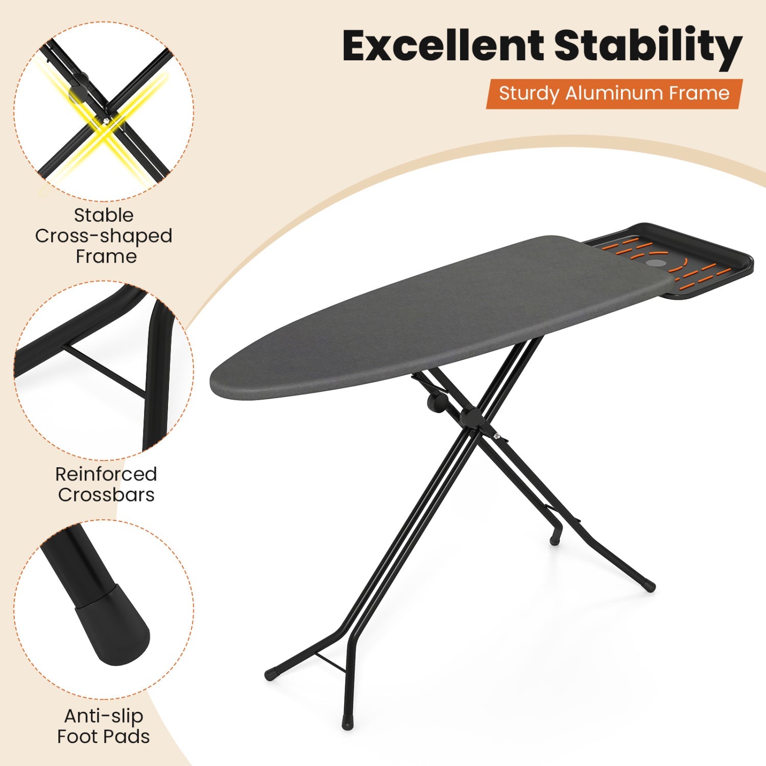 DirectDeals folding ironing board with collapsible iron rest, black cross frame on Tampa Home & Garden Store