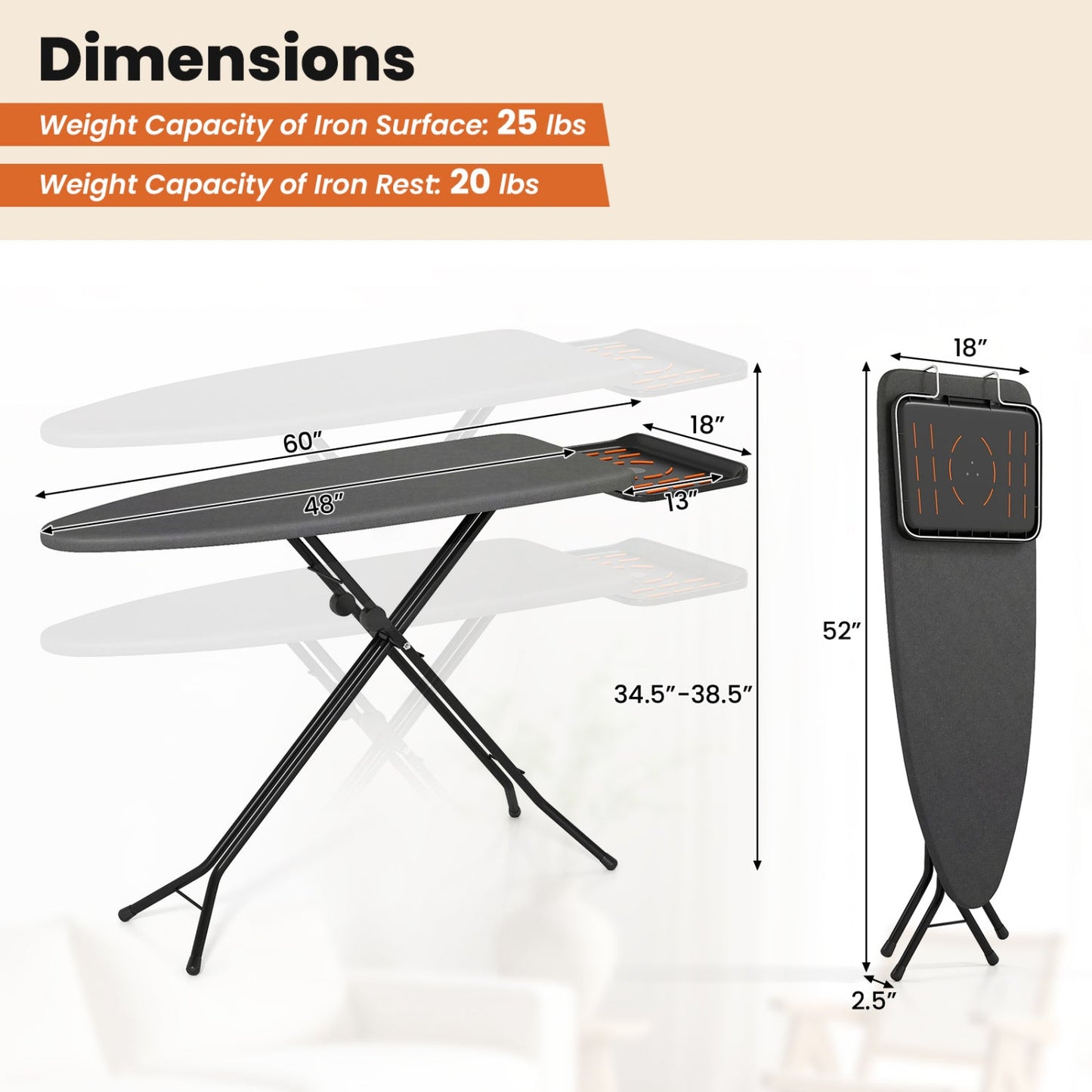 Ironing board DirectDeals full-size foldable with collapsible iron rest, gray top, black frame on Tampa Home & Garden Store