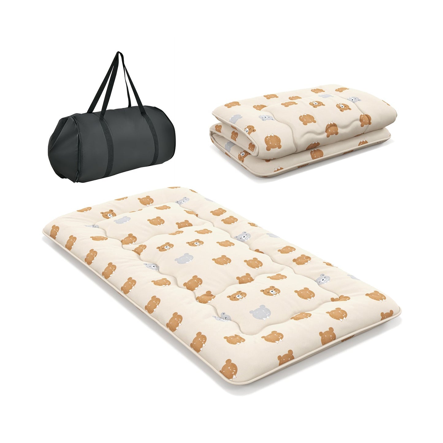 GemGear foldable futon mattress with beige bear-print washable cover and carry bag for camping on Tampa Home & Garden Store