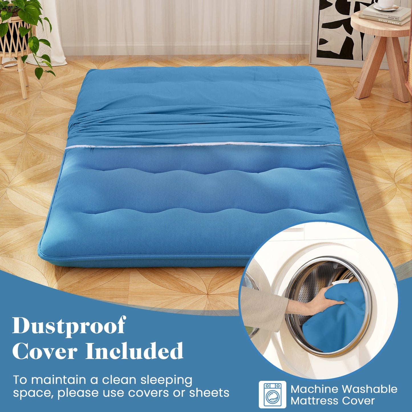 Colchón Futón Plegable con Funda Lavable y Bolsa de Transporte para Acampar Azul-Tamaño Matrimonial