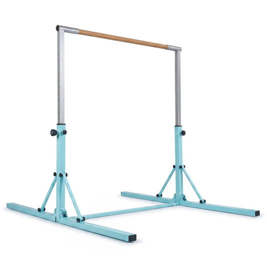 Adjustable gymnastics bar for kids 35.5–59 in with wooden bar, silver uprights and turquoise base on Tampa Home & Garden Store