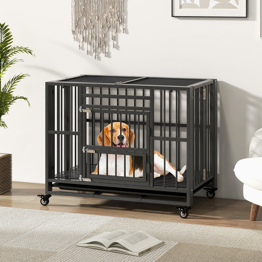 Foldable Heavy-Duty Metal Dog Cage Chew-proof Dog Crate with Lockable Universal Wheels - Tampa Home & Garden Store