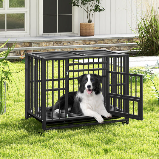 Foldable Heavy-Duty Metal Dog Cage Chew-proof Dog Crate with Lockable Universal Wheels - Tampa Home & Garden Store