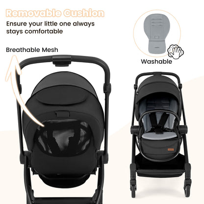 Foldable Infant Pram Stroller with Reversible Seat Reclining Backrest
