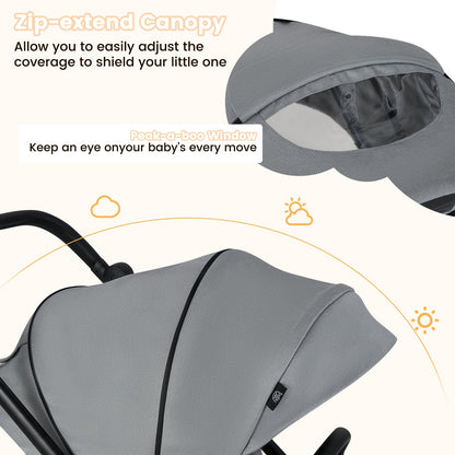 Foldable Infant Pram Stroller with Reversible Seat Reclining Backrest