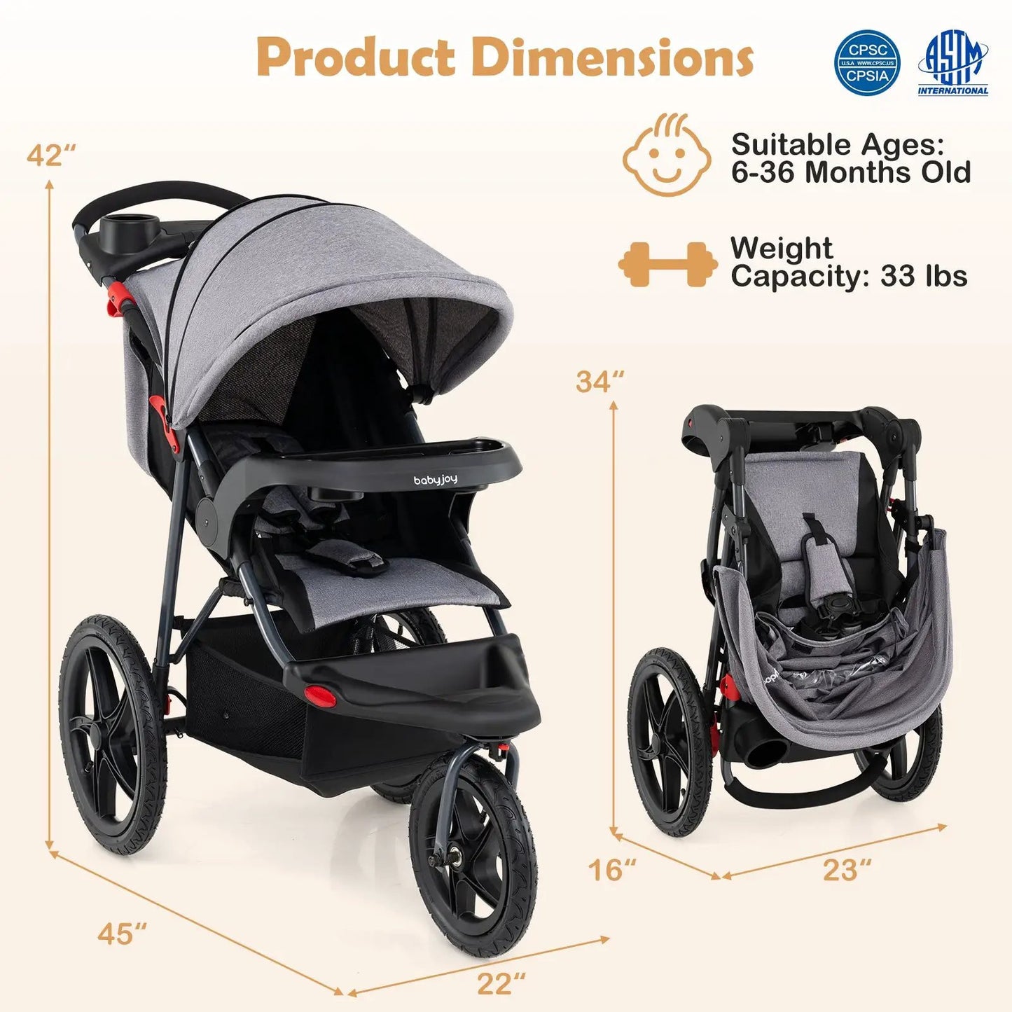 Foldable Jogging Stroller with Detachable Tray