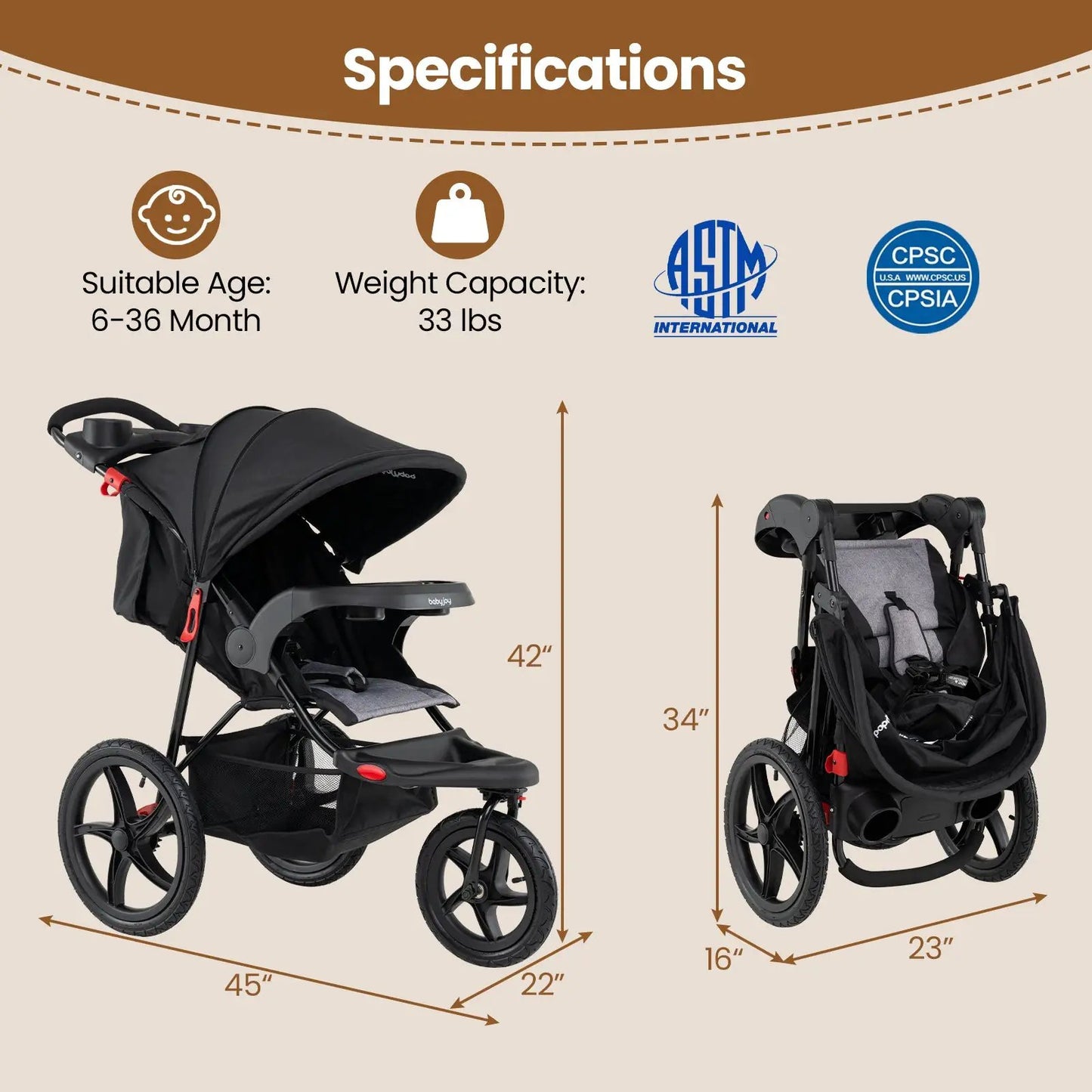 Foldable Jogging Stroller with Detachable Tray