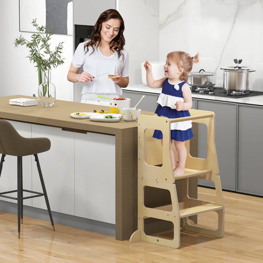 3-in-1 Foldable Kitchen Standing Tower for Toddlers natural wood finish with chalkboard on Tampa Home & Garden Store