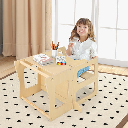 3-in-1 Foldable Kitchen Standing Tower for Toddlers Natural wood finish toddler desk with built-in steps on Tampa Home & Garden Store