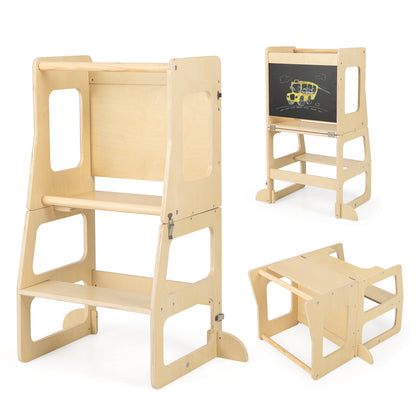 3-in-1 Foldable Kitchen Standing Tower for Toddlers with Chalkboard, Natural by DirectDeals on Tampa Home & Garden Store