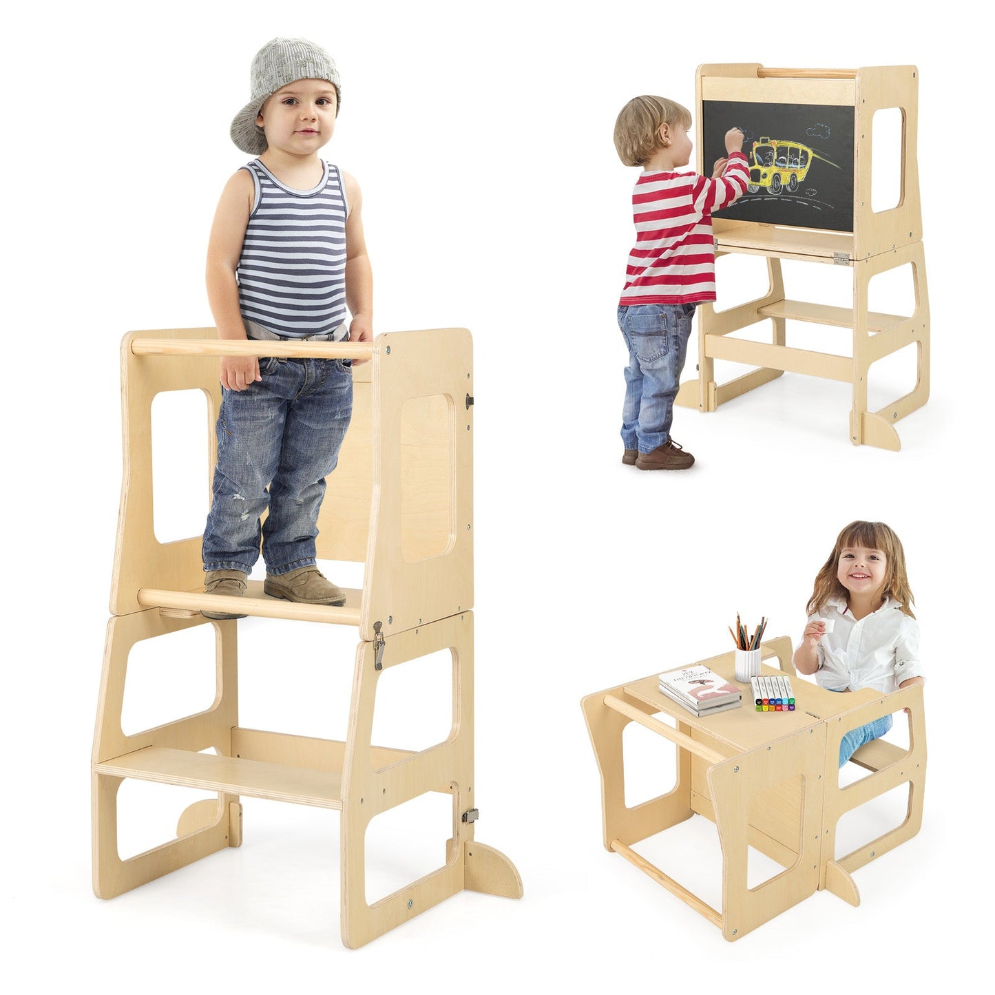 3-in-1 foldable toddler standing tower with chalkboard, natural wood, adjustable steps on Tampa Home & Garden Store