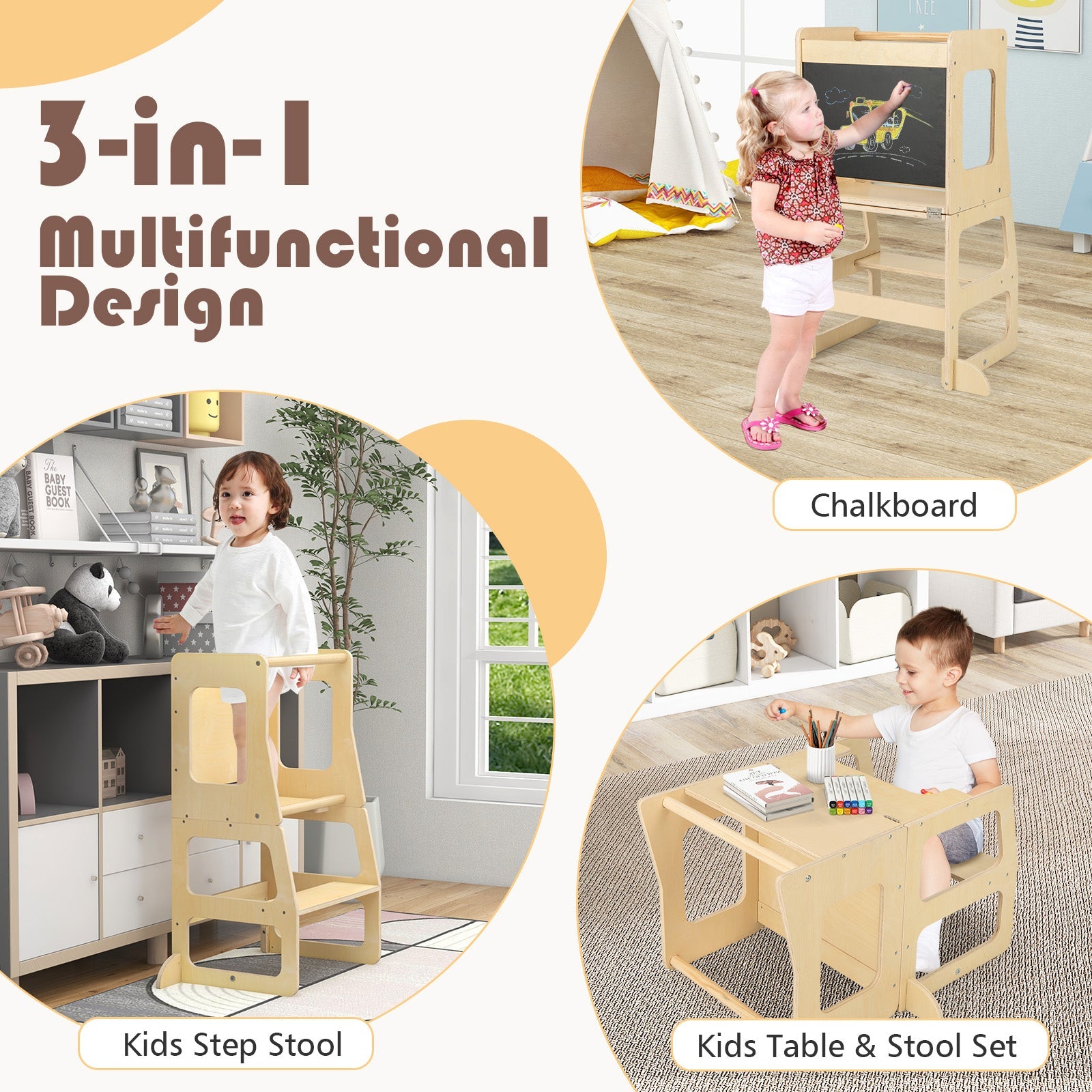 3-in-1 Foldable Kitchen Standing Tower for Toddlers with Chalkboard in Natural Wood Finish DirectDeals on Tampa Home & Garden Store