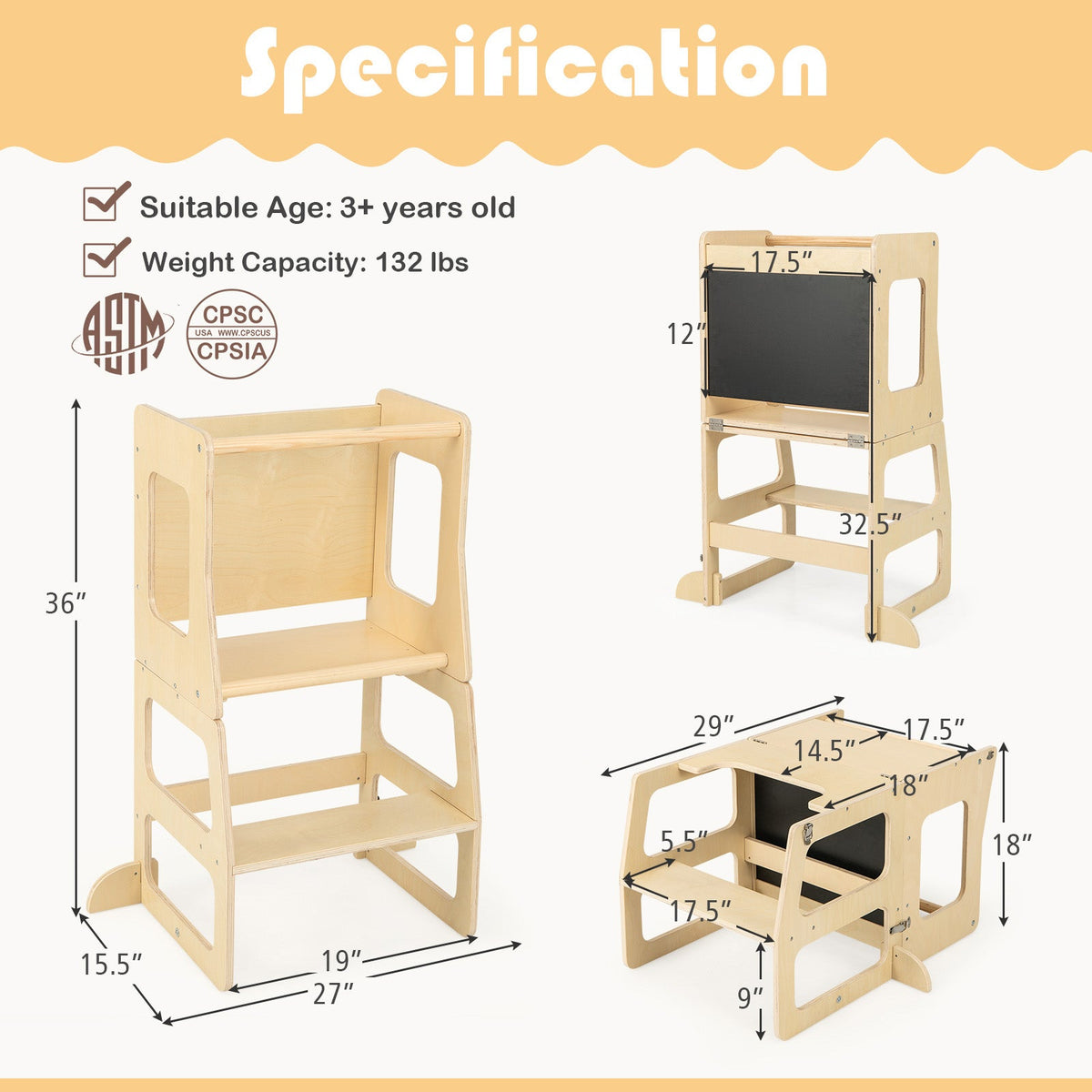 3-in-1 Foldable Toddler Kitchen Standing Tower with Chalkboard, Natural Wood DirectDeals on Tampa Home & Garden Store