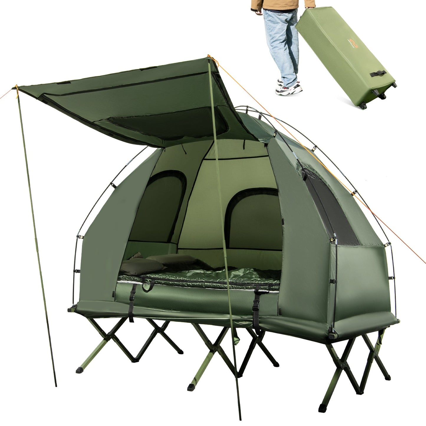 GemGear 5-in-1 2-person foldable camping tent cot with air mattress, green on Tampa Home & Garden Store