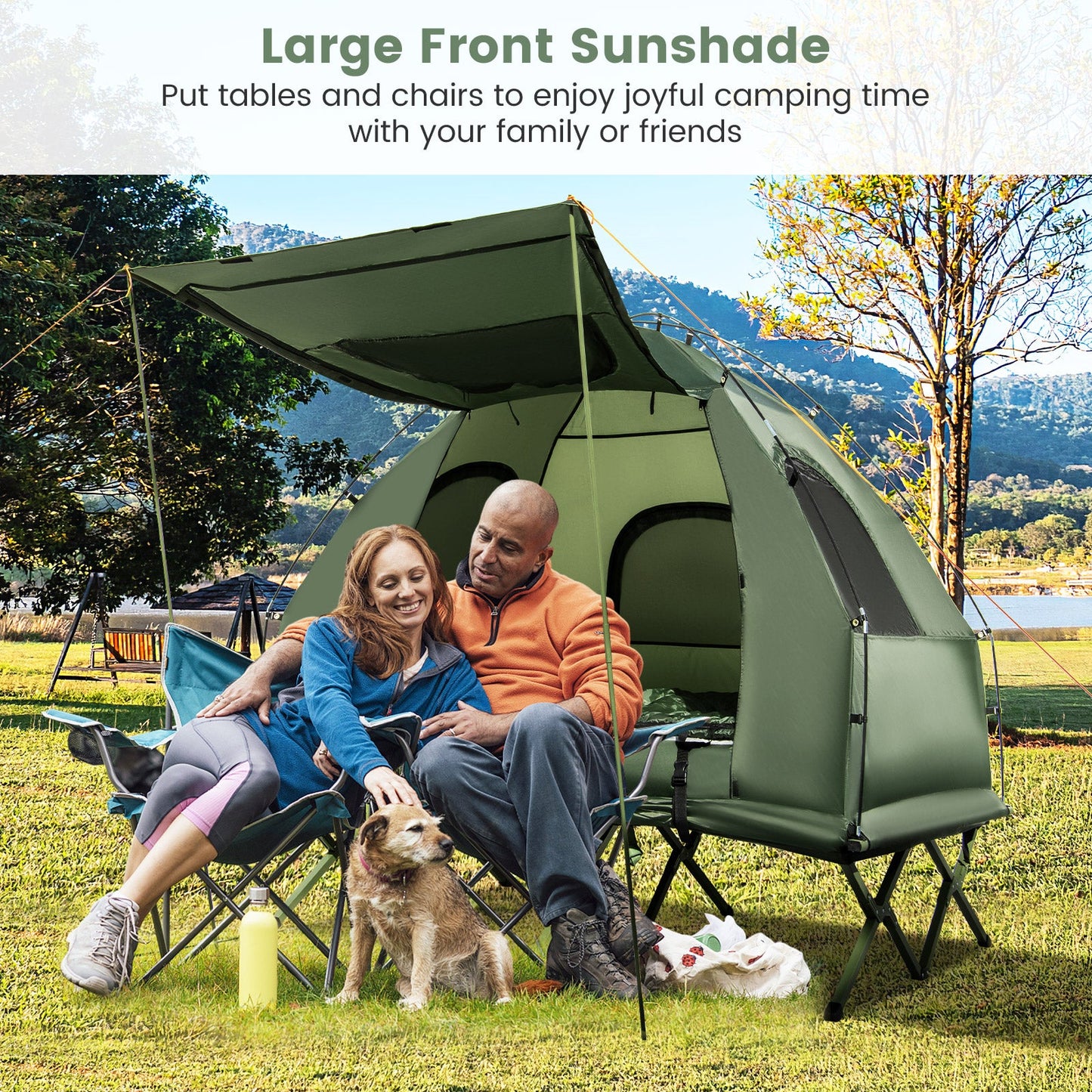 GemGear 5-in-1 2-Person Foldable Camping Tent-Cot green setup with couple and dog under sunshade on Tampa Home & Garden Store