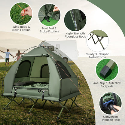 GemGear 5-in-1 2-person foldable camping tent cot with air mattress in green outdoor scene on Tampa Home & Garden Store