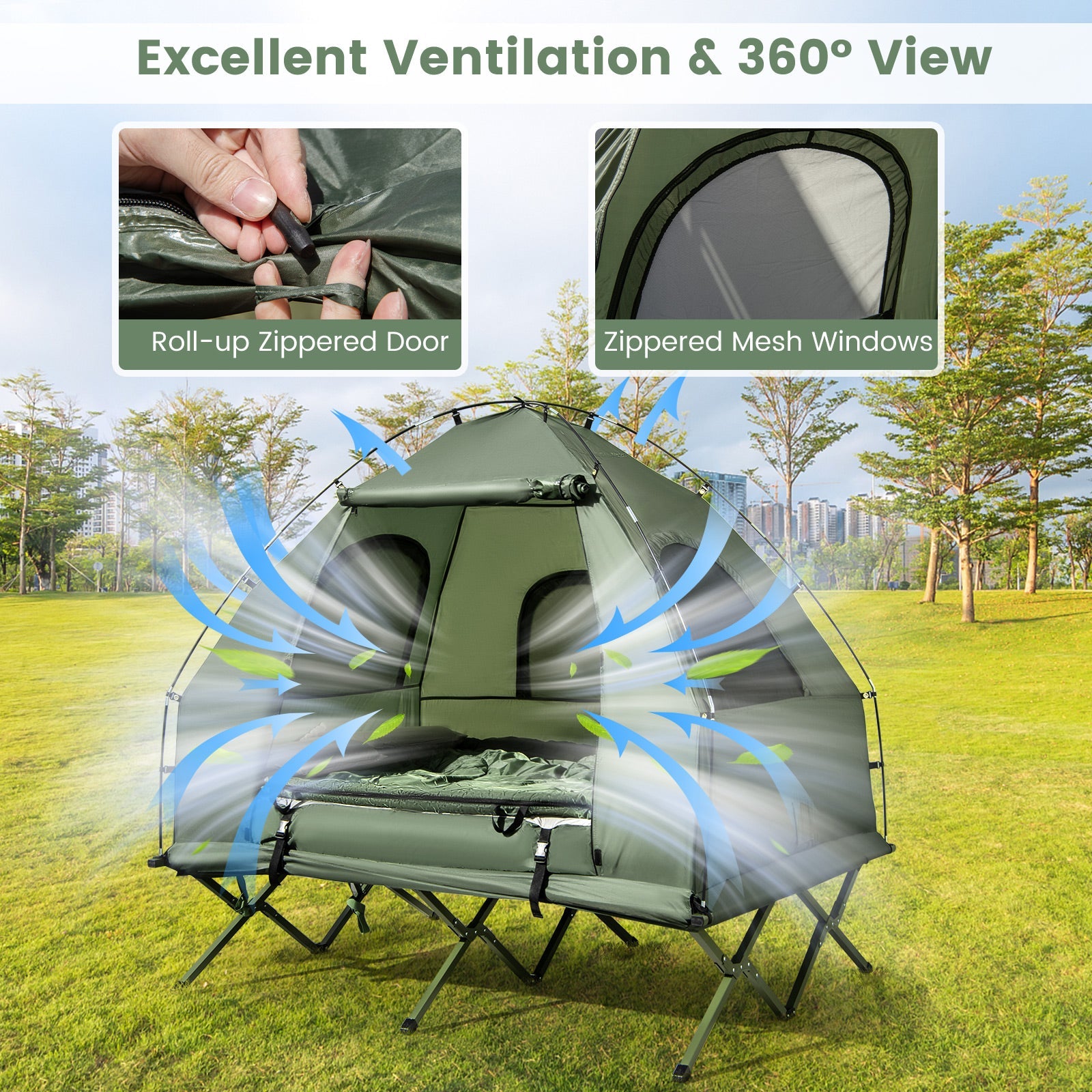 GemGear 5-in-1 2-person camping tent cot with air mattress and sleeping bag, green foldable on Tampa Home & Garden Store