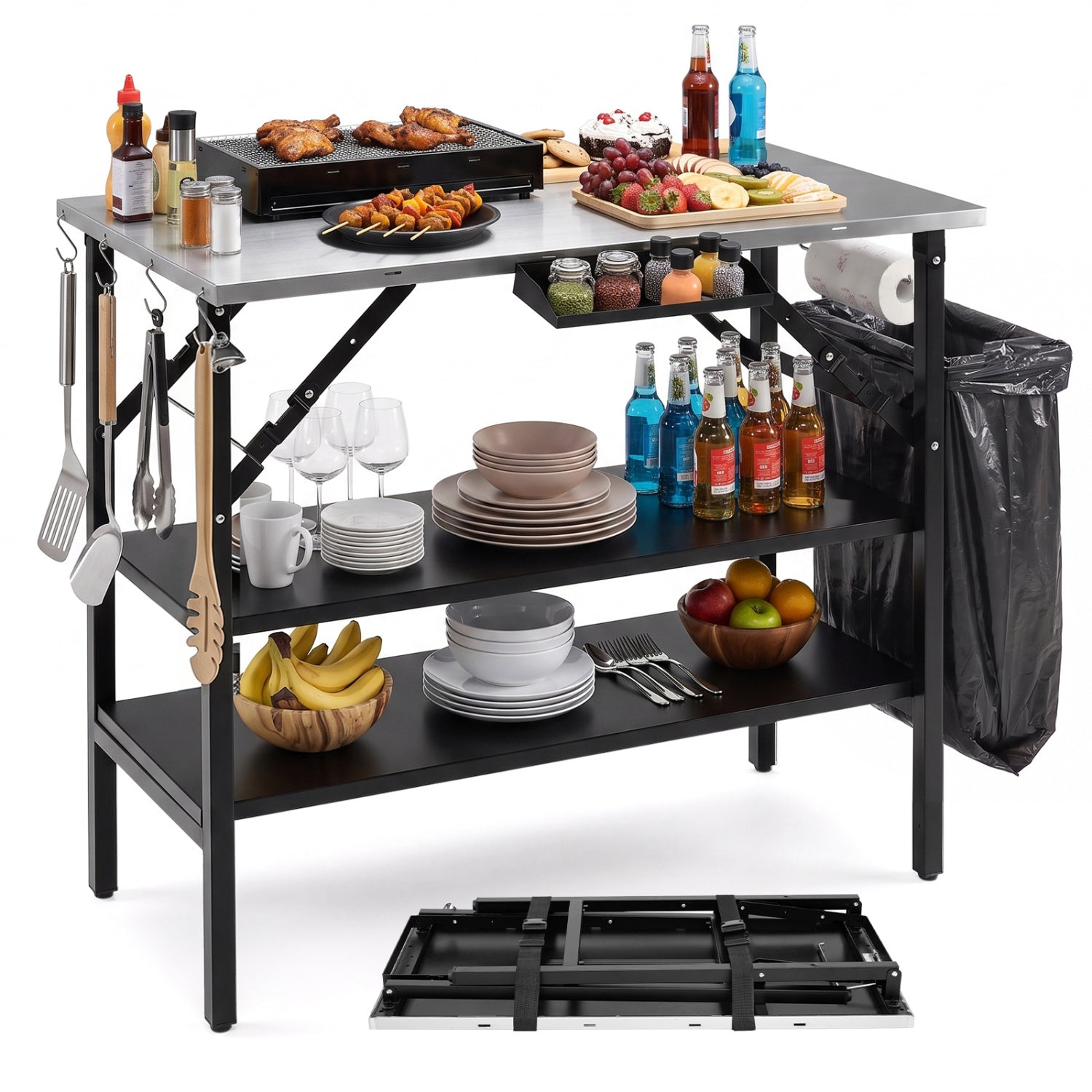 Foldable Outdoor Cook Station DirectDeals with removable shelves and grill top, utensil hooks on Tampa Home & Garden Store