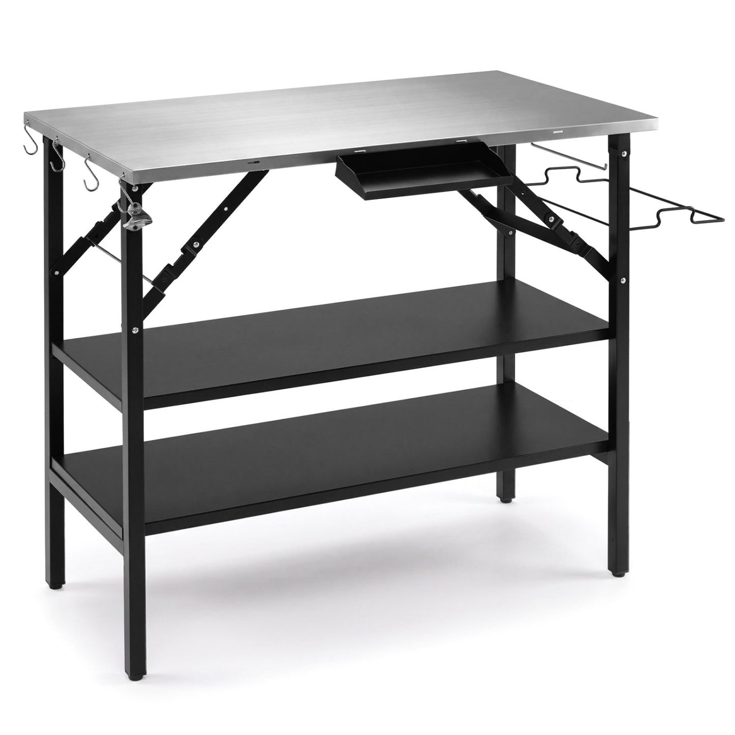 DirectDeals Foldable Outdoor Cook Station with stainless top, black frame, removable shelf on Tampa Home & Garden Store