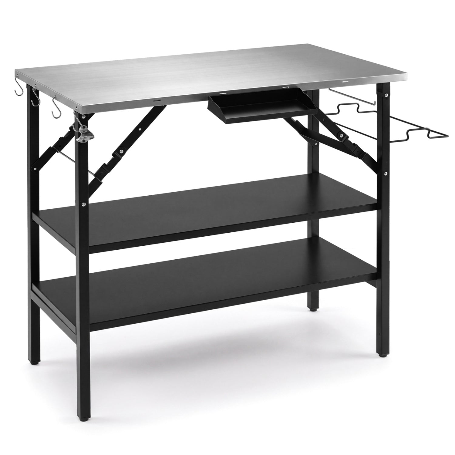 DirectDeals Foldable Outdoor Cook Station with stainless top, black frame, removable shelf on Tampa Home & Garden Store