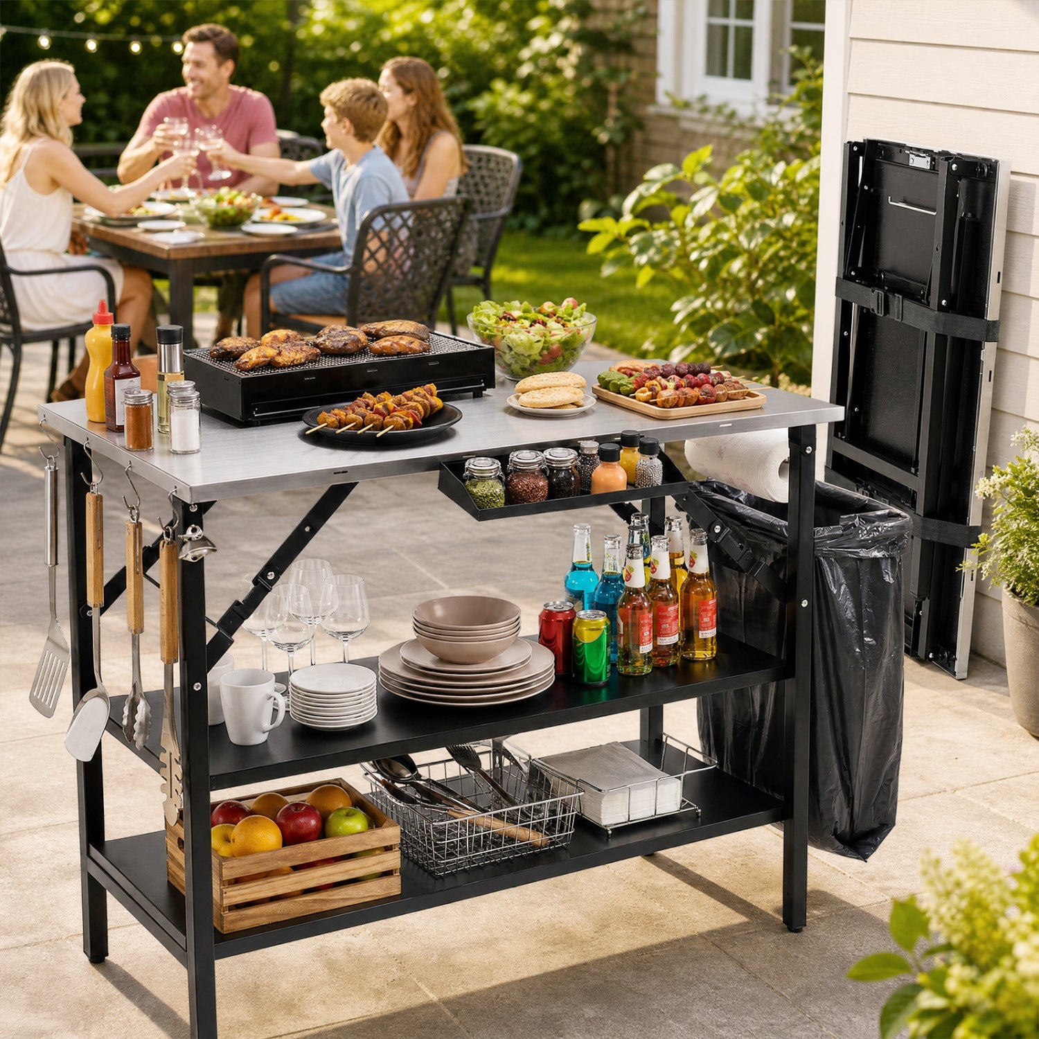 Foldable Outdoor Cook Station with Removable Shelves, stainless top, black frame, patio on Tampa Home & Garden Store