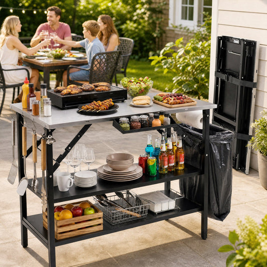 Foldable Outdoor Cook Station with Removable Shelves, stainless top, black frame, patio on Tampa Home & Garden Store