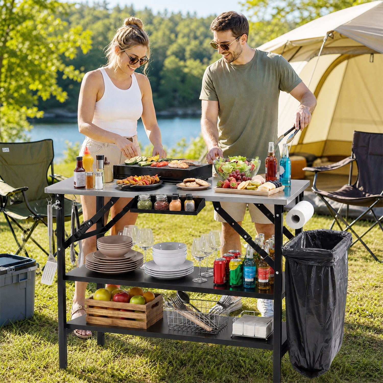 DirectDeals Foldable Outdoor Cook Station with Removable Shelves black steel frame stainless top for outdoor grilling setup on Tampa Home & Garden Store