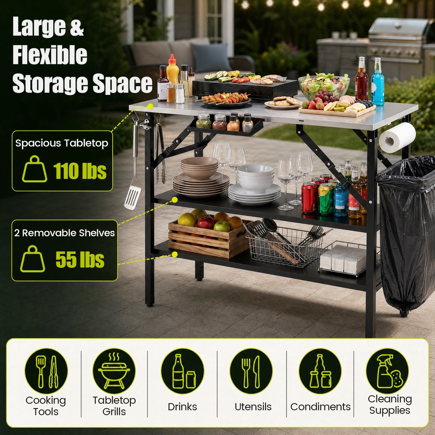 Foldable Outdoor Cook Station with Removable Shelves, stainless top and black frame DirectDeals on Tampa Home & Garden Store