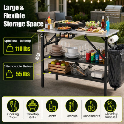 Foldable Outdoor Cook Station with Removable Shelves, stainless top and black frame DirectDeals on Tampa Home & Garden Store