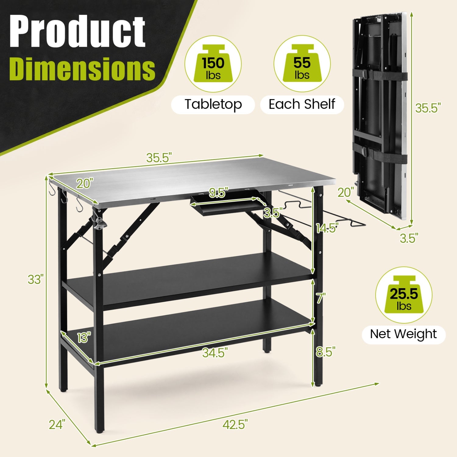 DirectDeals foldable outdoor cook station with removable shelves, stainless top, black frame on Tampa Home & Garden Store