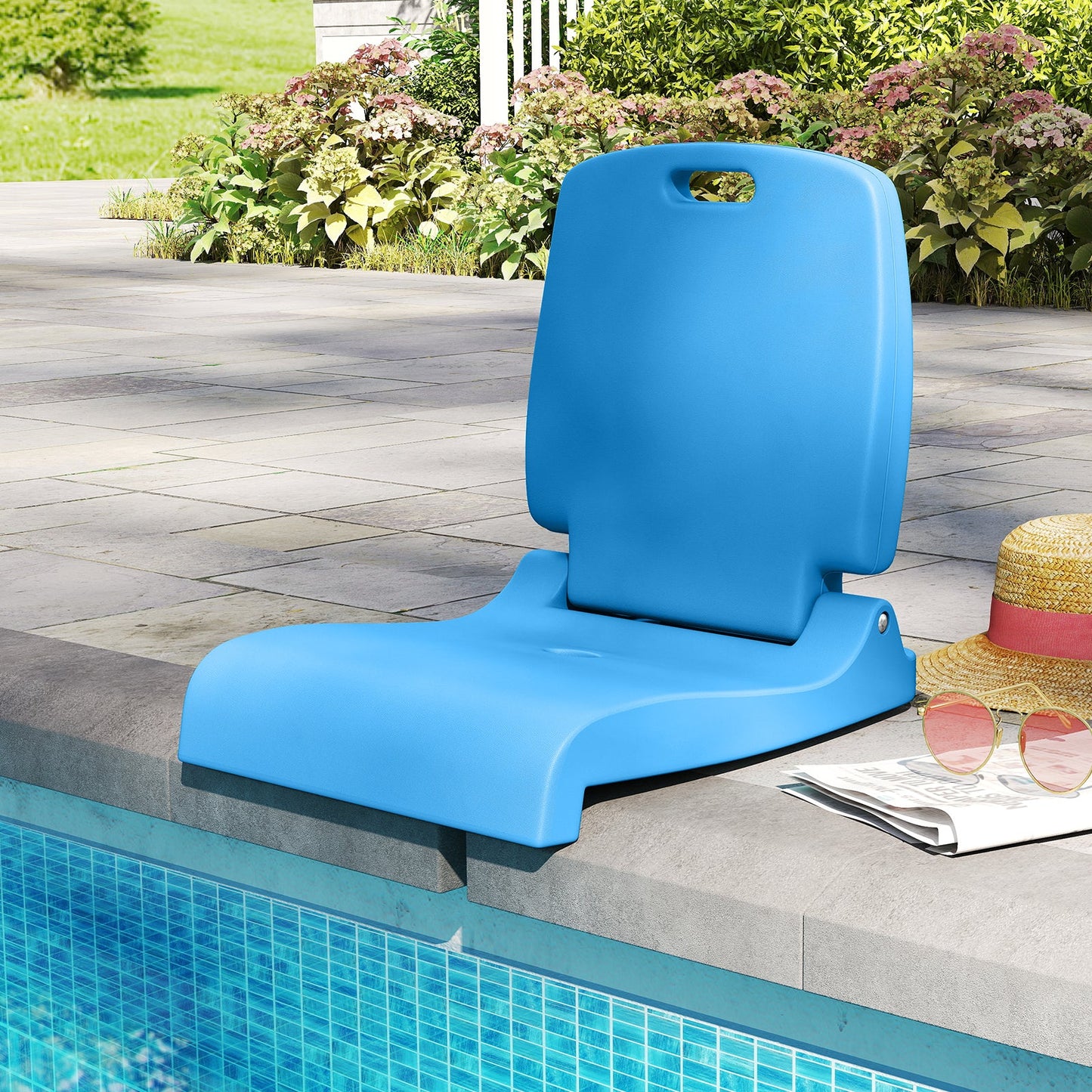Silla plegable de piscina para exterior con asa y respaldo - Azul
