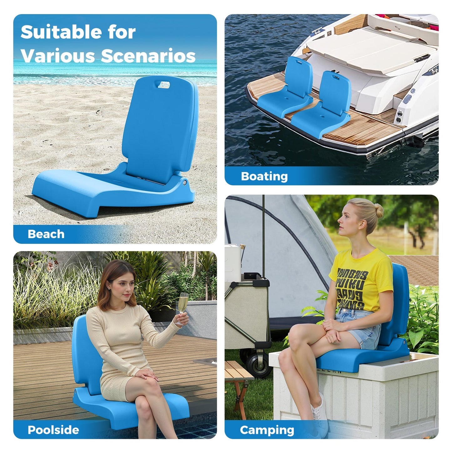 Silla plegable de piscina para exterior con asa y respaldo - Azul