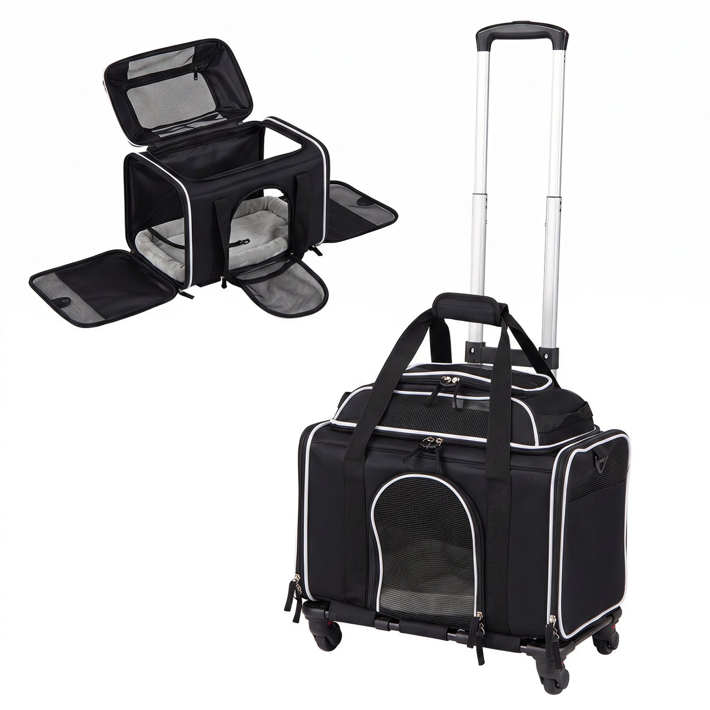 Rolling pet carrier with wheels for cats and small dogs, DirectDeals black with mesh panels on Tampa Home & Garden Store