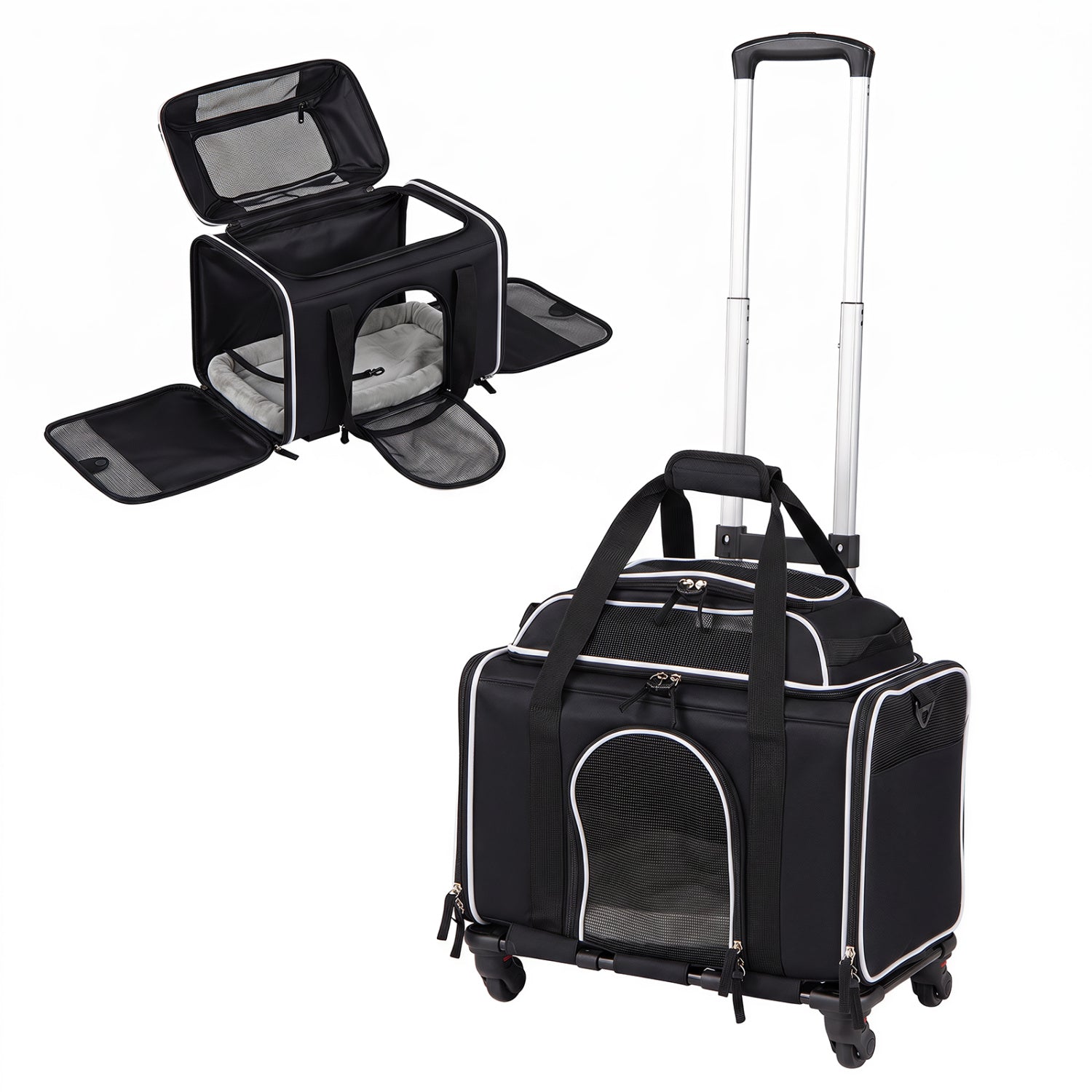 Rolling pet carrier with wheels for cats and small dogs, DirectDeals black with mesh panels on Tampa Home & Garden Store