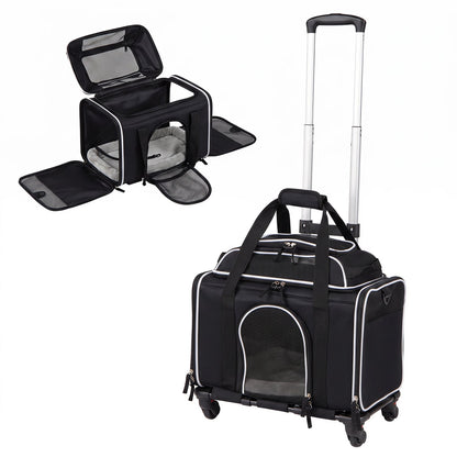 Rolling pet carrier with wheels for cats and small dogs, DirectDeals black with mesh panels on Tampa Home & Garden Store