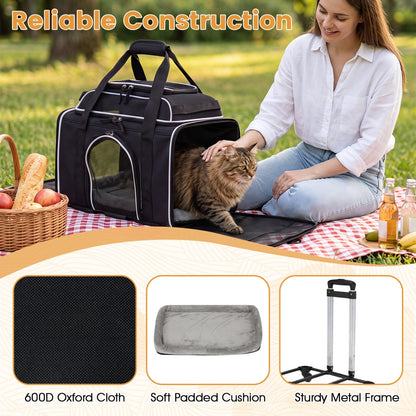 Rolling Pet Carrier with Wheels for Cats and Small Dogs in black with mesh window, DirectDeals on Tampa Home & Garden Store
