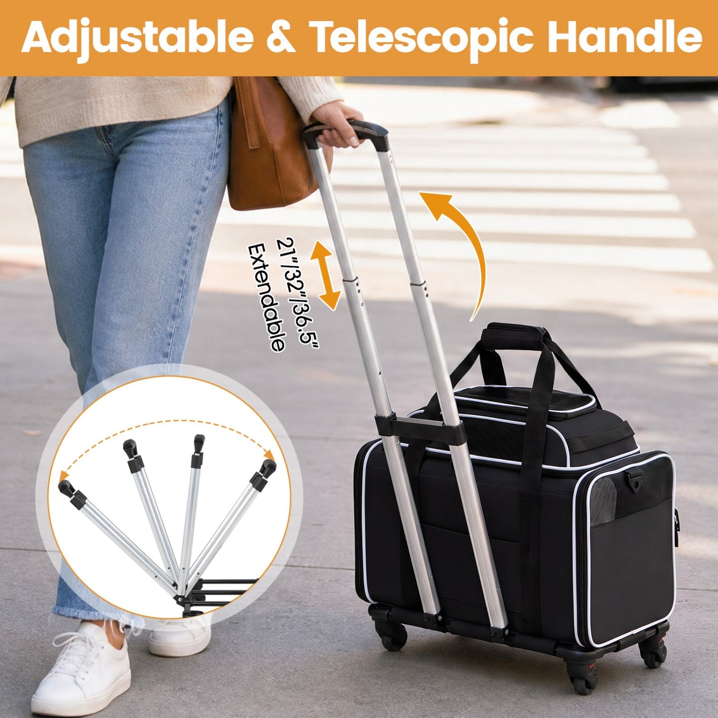 Rolling pet carrier with wheels for cats and small dogs, black aluminum telescoping handle DirectDeals on Tampa Home & Garden Store