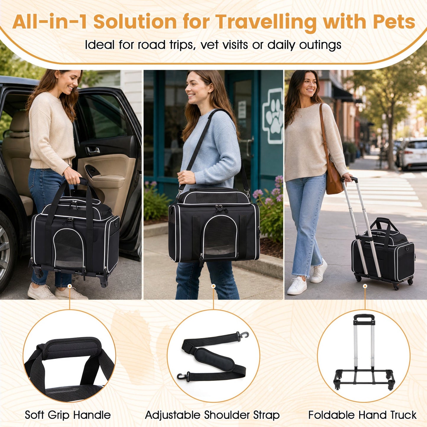 Rolling pet carrier with wheels by DirectDeals, black with white trim for cats and dogs on Tampa Home & Garden Store