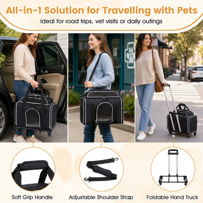 Rolling pet carrier with wheels by DirectDeals, black with white trim for cats and dogs on Tampa Home & Garden Store
