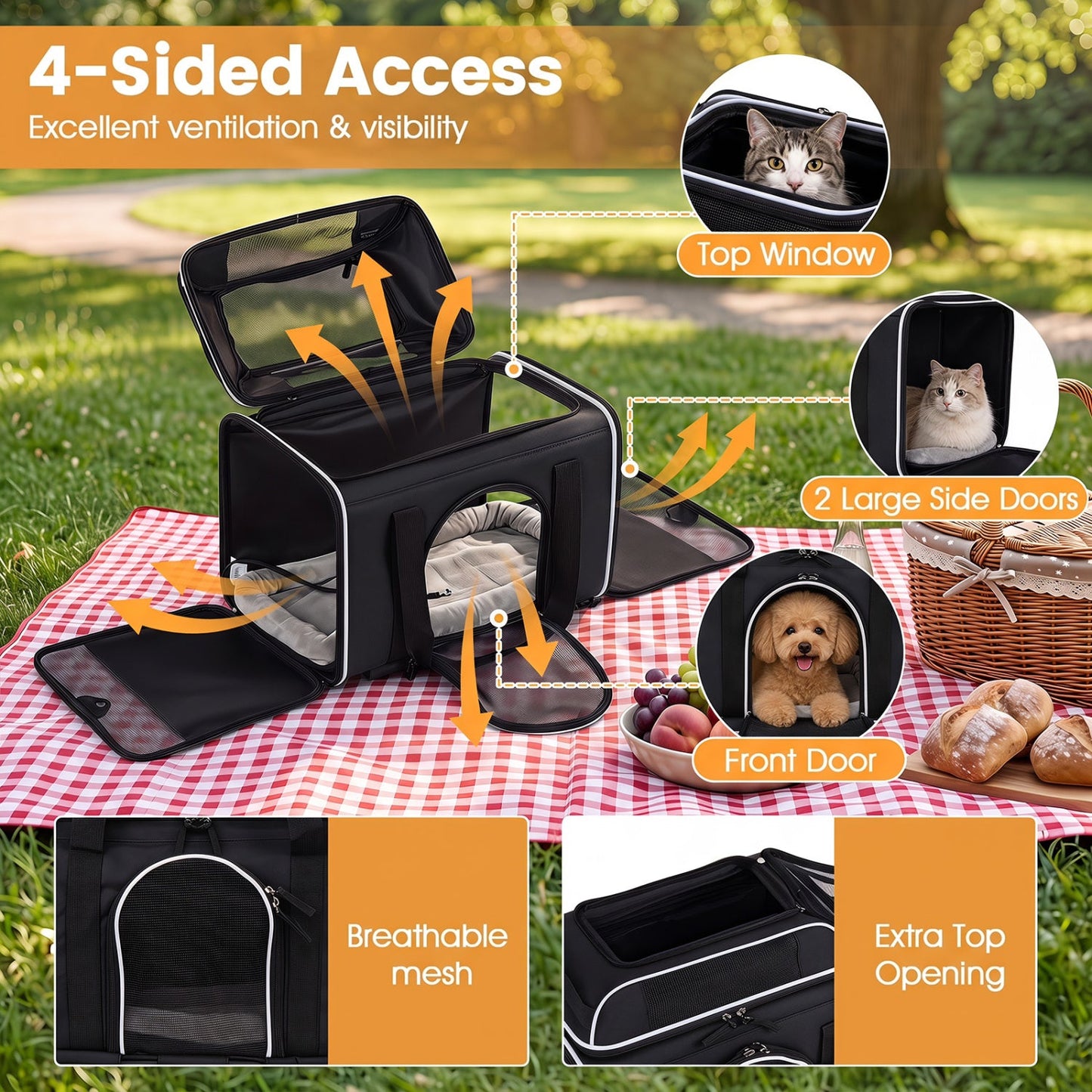 Rolling Pet Carrier with Wheels for Cats and Small Dogs in black DirectDeals with 4-sided access top window on Tampa Home & Garden Store