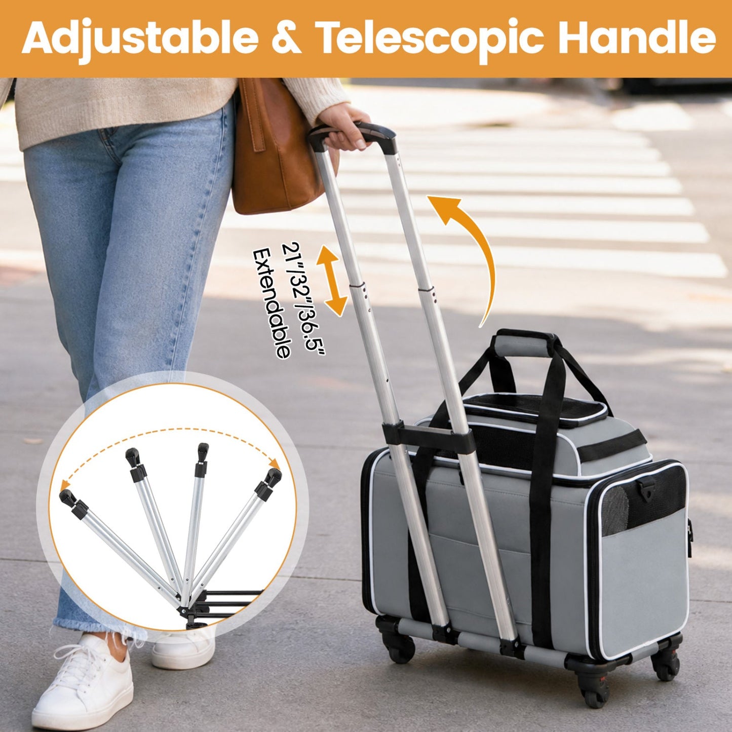 Rolling Pet Carrier with Wheels in gray, adjustable telescoping handle on Tampa Home & Garden Store