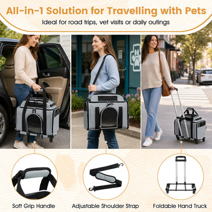 Rolling Pet Carrier with Wheels for Cats and Small Dogs gray/black with soft grip handle on Tampa Home & Garden Store