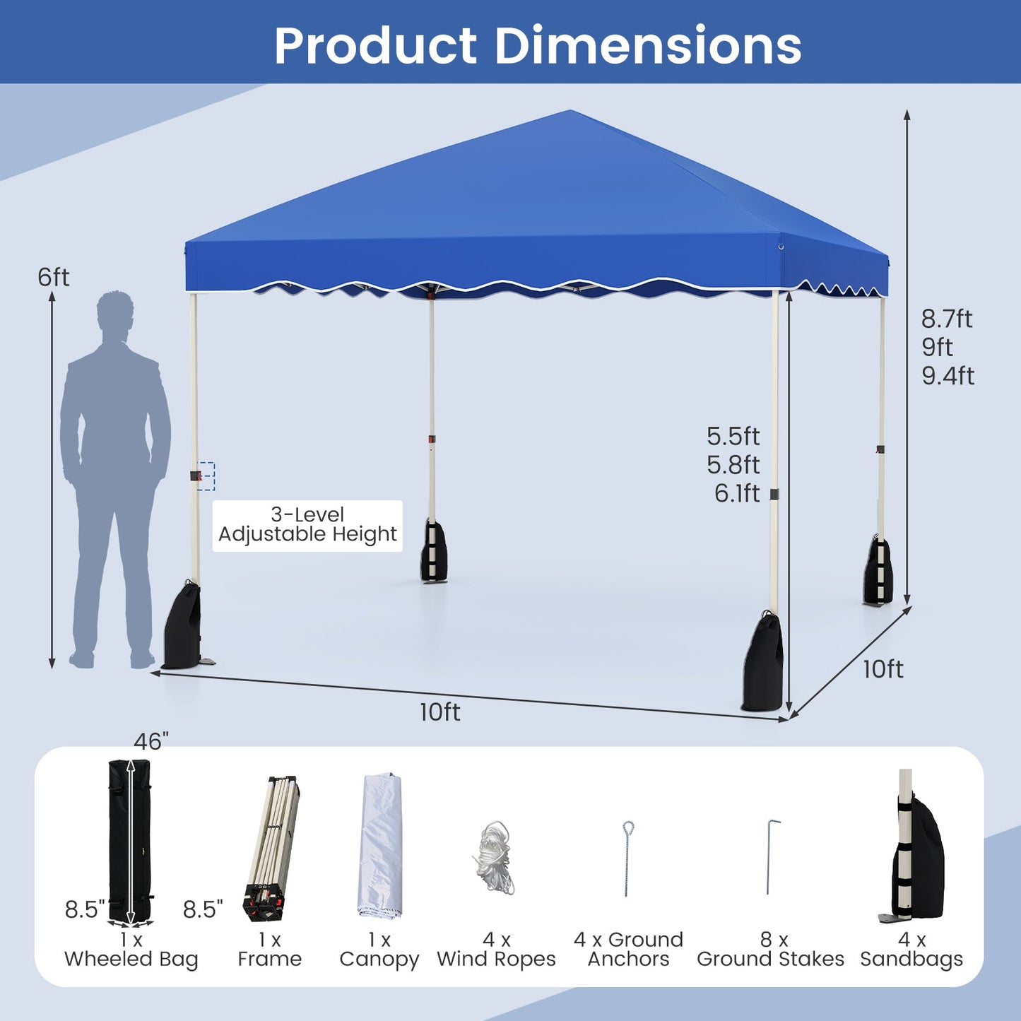 Foldable 10 X 10 Feet Pop up Canopy Tent with Wheeled Bag-Blue