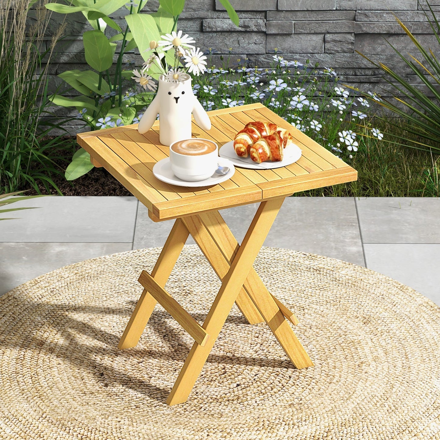 Mesa de centro cuadrada de madera de teca con patas en forma de X y tablero de listones