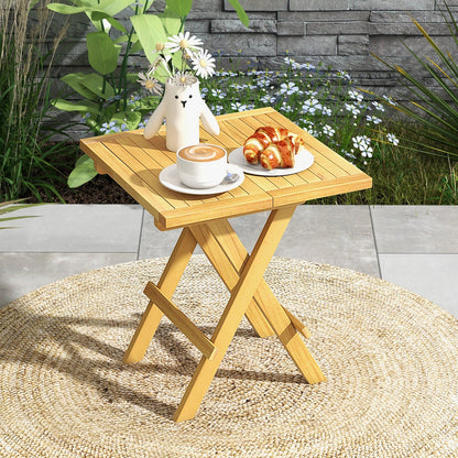 Mesa de centro cuadrada de madera de teca con patas en forma de X y tablero de listones